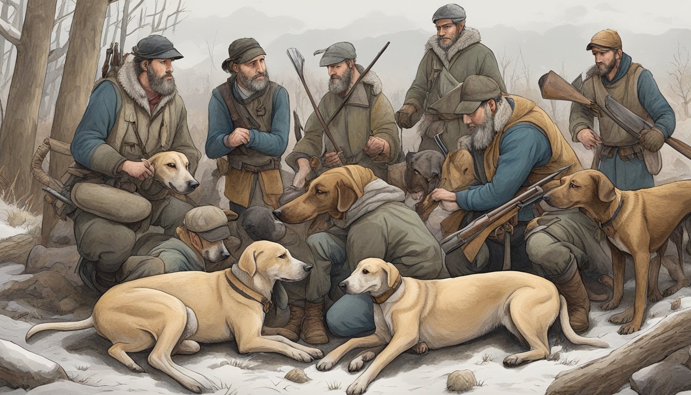 A group of hounds and hunters gather around a slain hog, while others clean their weapons and prepare the meat for transport