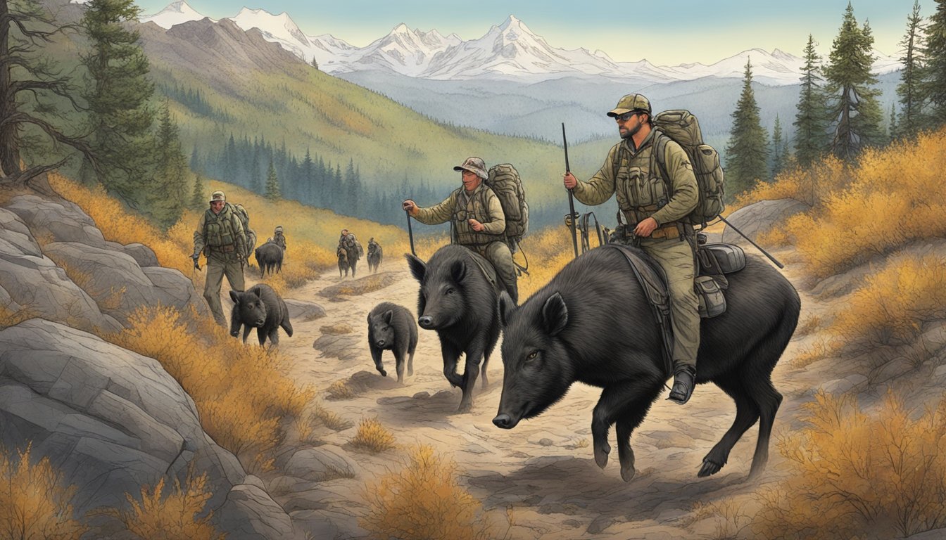 A group of hunters navigate rugged terrain in Oregon, tracking wild hogs amidst challenges and conservation efforts