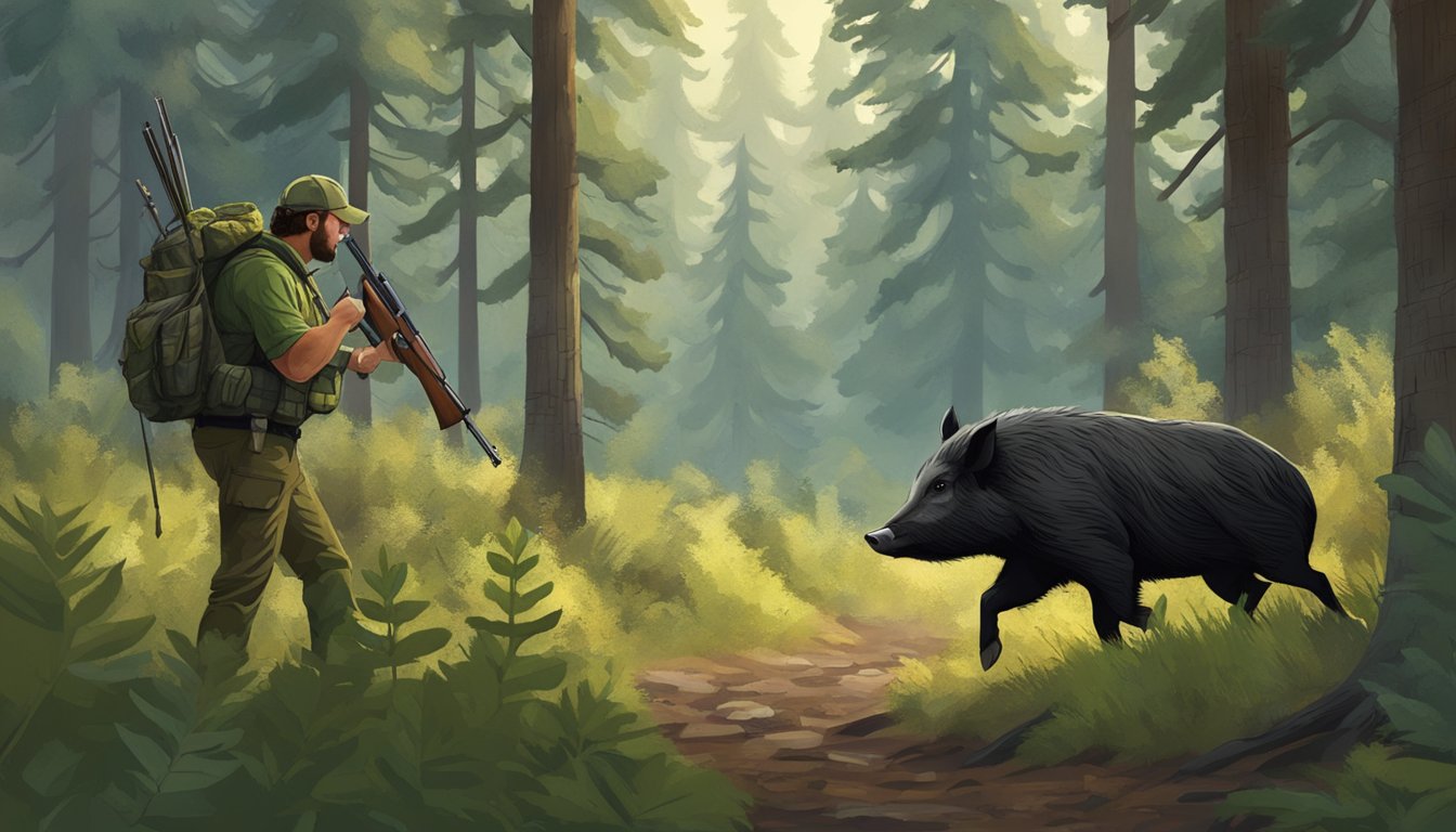 A hunter tracking a wild hog in the dense Oregon forest