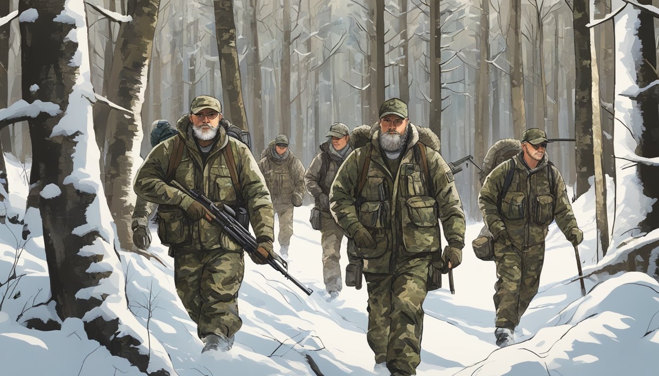 A group of hunters in camouflage gear tracking through a snowy Minnesota forest, with a controversial debate on hog hunting ethics looming overhead