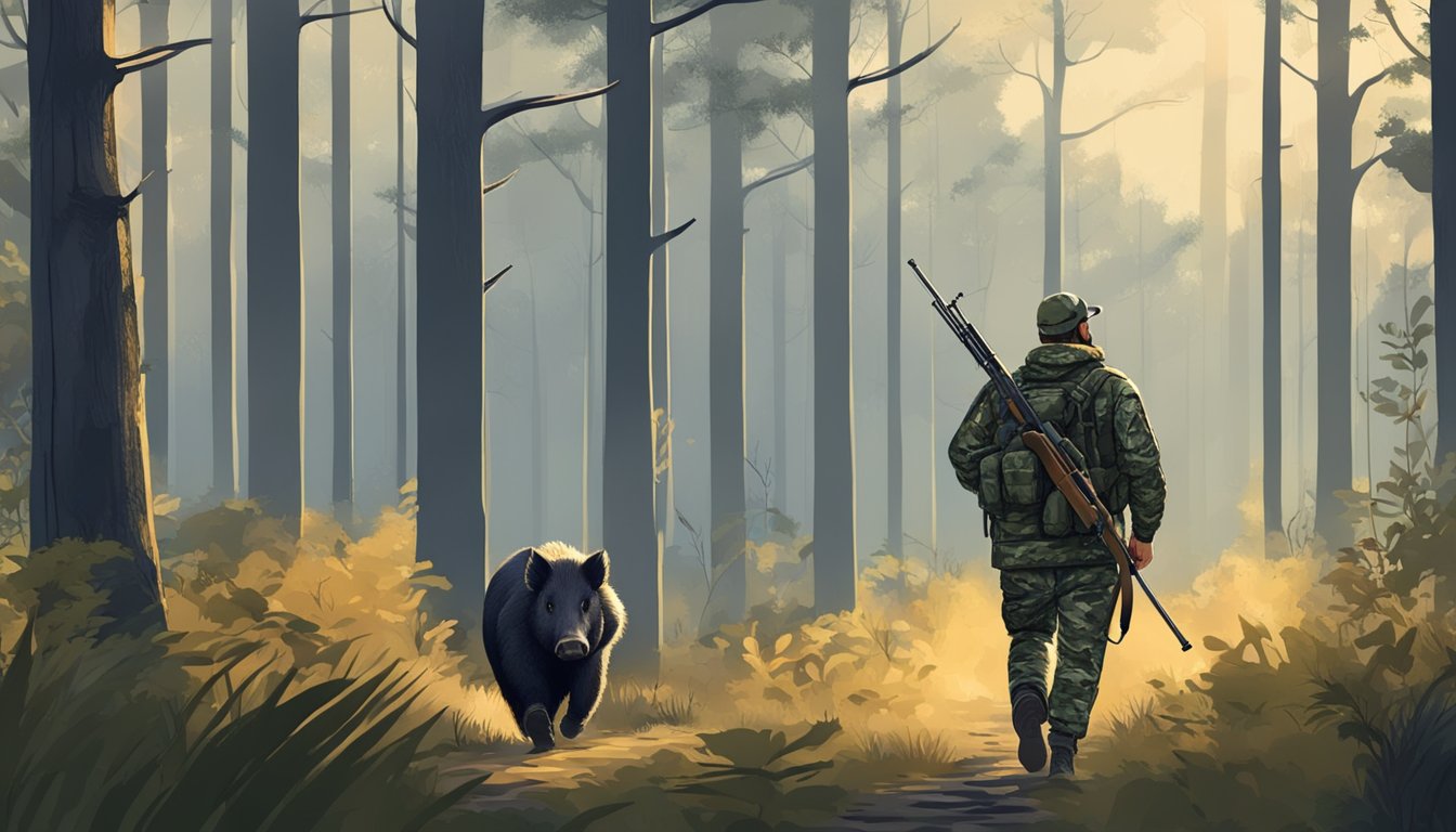 A hunter in camouflage with a rifle, tracking a wild hog in a dense forest at dusk