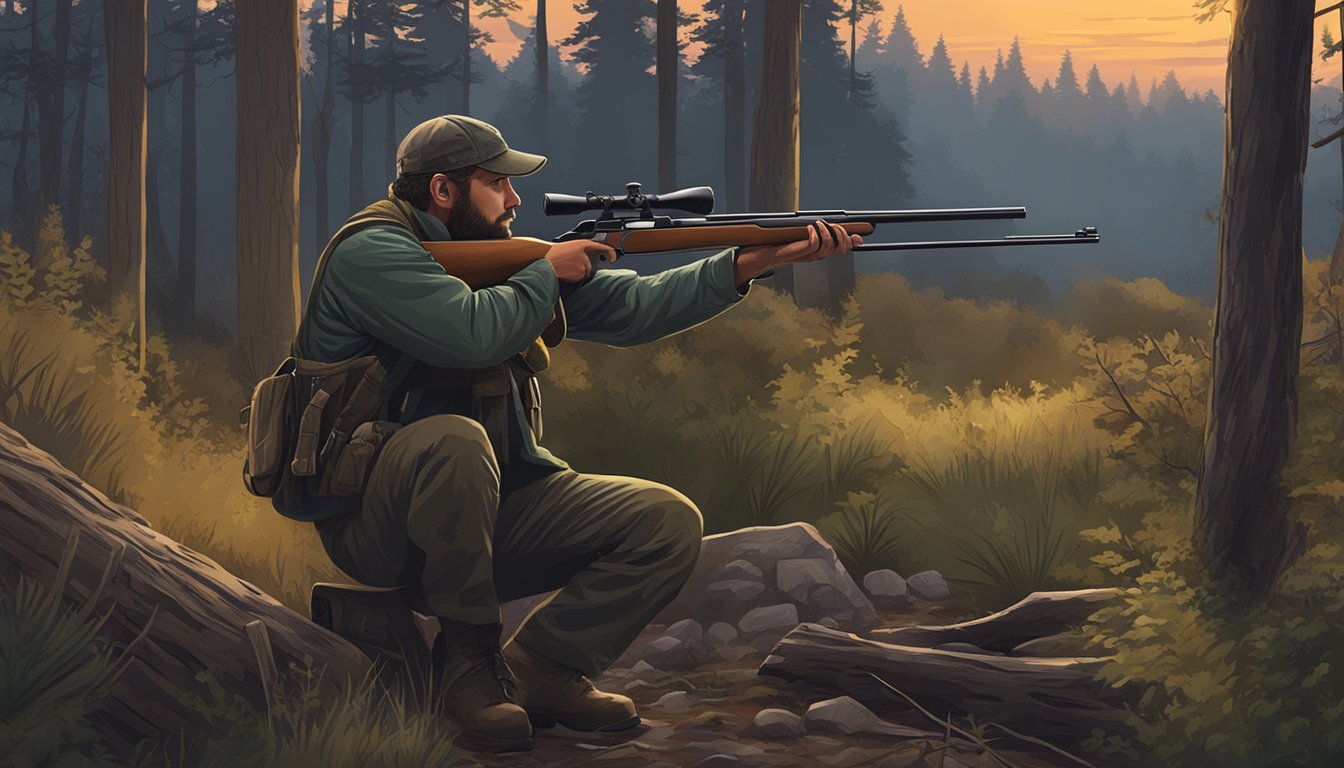 A hunter loading a rifle in a wooded area at dusk