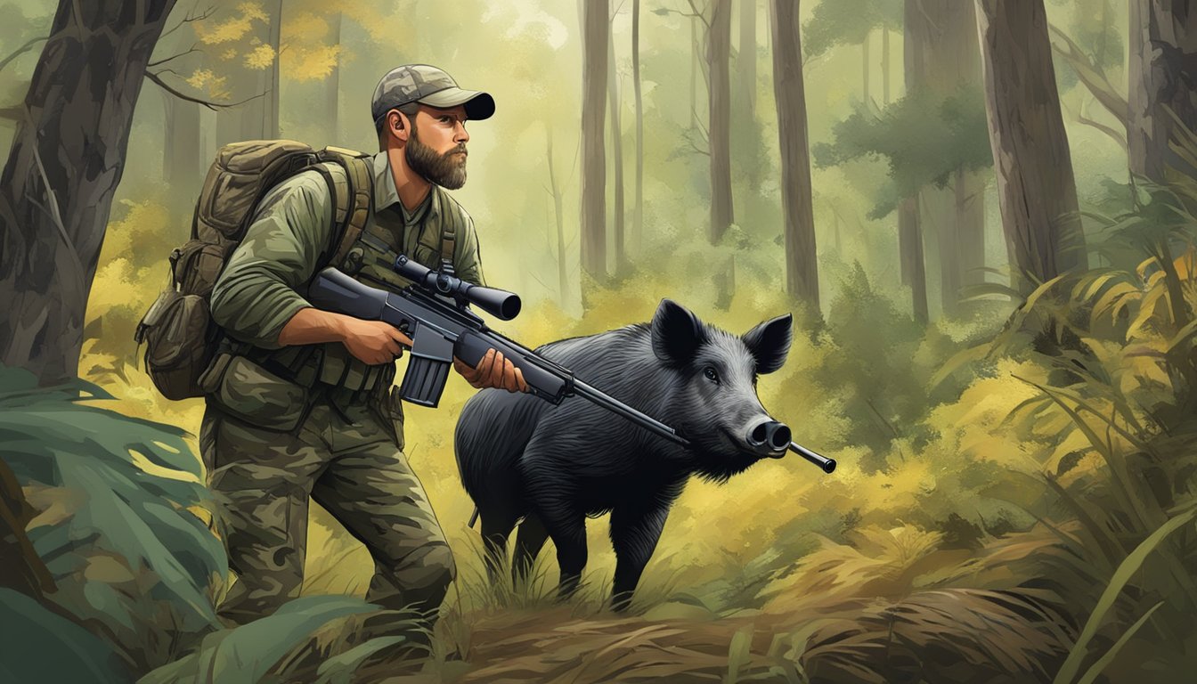 A hunter in camouflage navigating through dense forest with a rifle, while a wild hog sniffs around for food