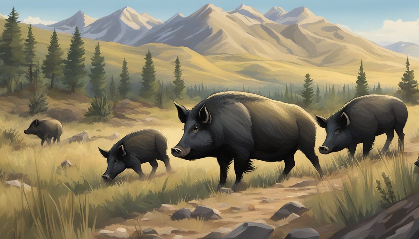 A group of feral swine roam through the rugged terrain of Montana, foraging for food in the wild landscape