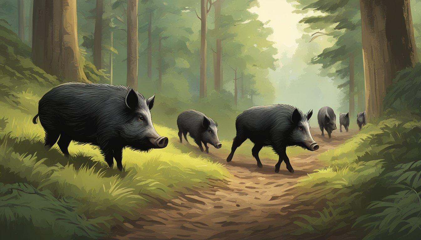 A dense forest clearing with a muddy trail and a group of wild hogs foraging for food