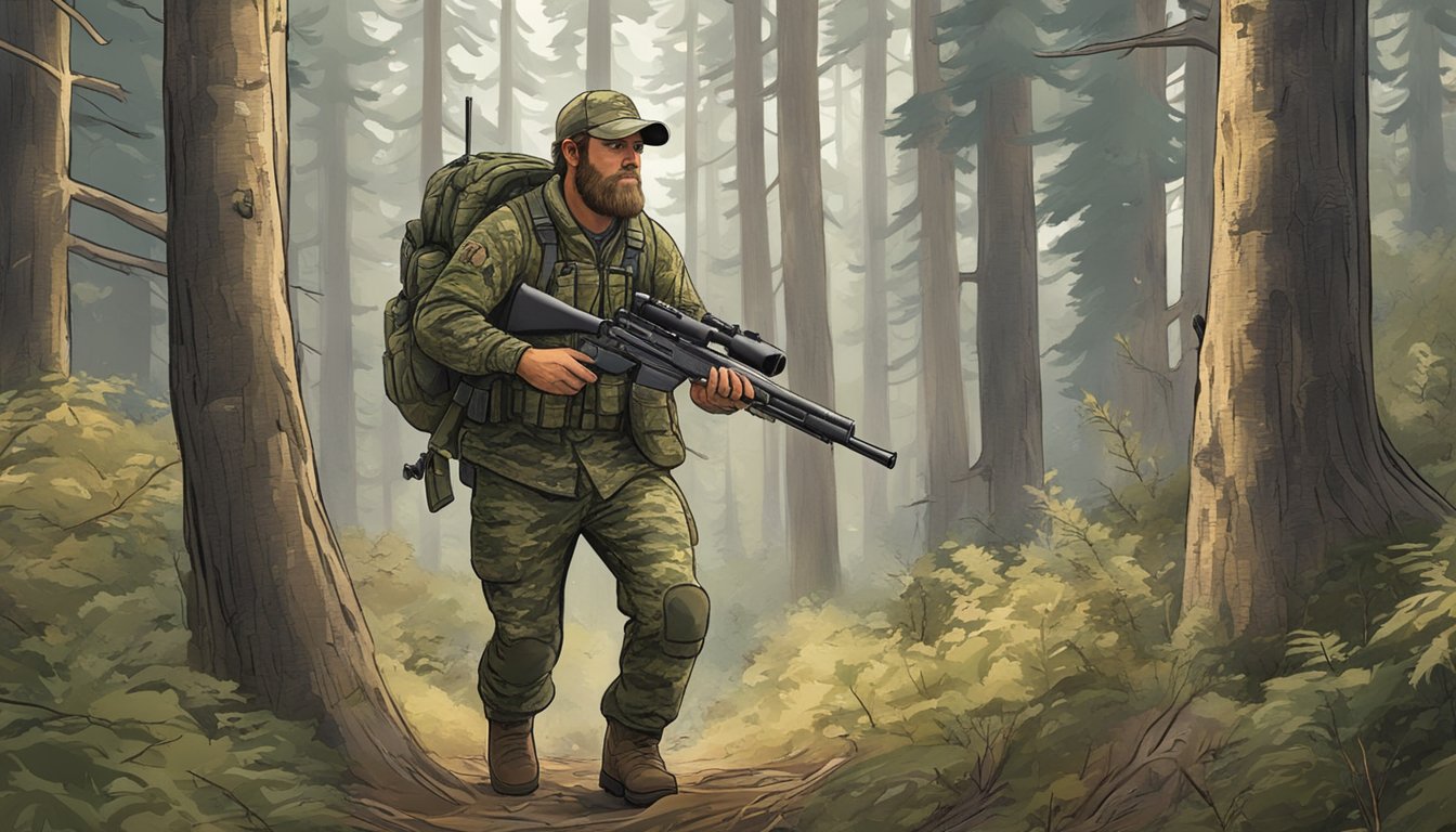 A hunter in camouflage navigating through dense Montana forest, carrying a rifle and scanning for wild hogs