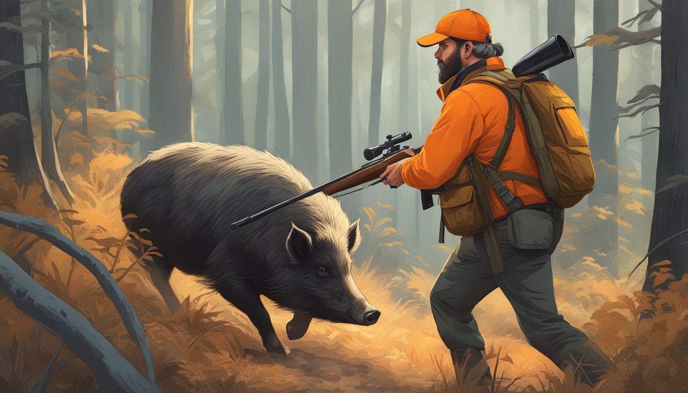 A hunter in orange vest and hat walks through dense forest with a hunting rifle, while a wild hog sniffs around in the underbrush