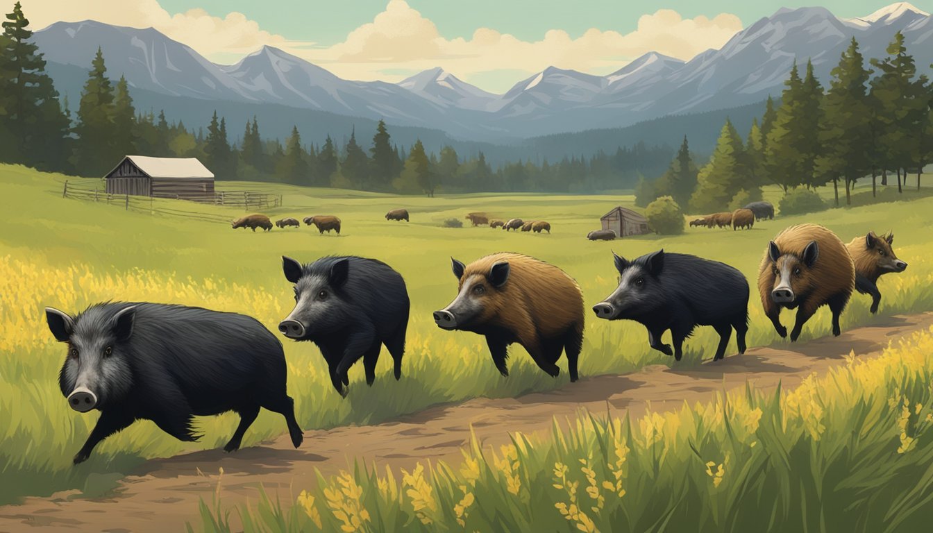 A group of wild hogs root through a lush Montana field, damaging crops and disrupting the local ecosystem