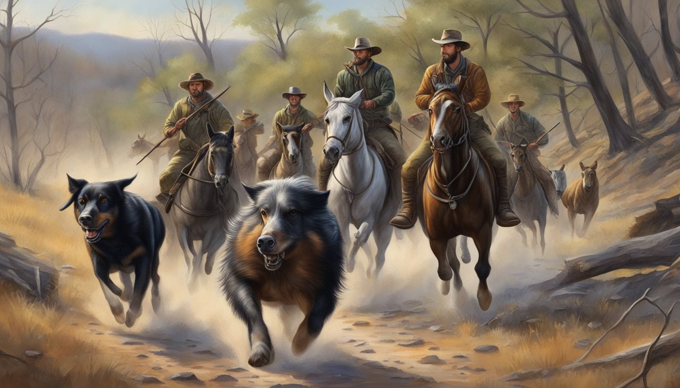 A group of hunters on horseback chase a wild hog through the rugged terrain of Oklahoma, with their hunting dogs leading the way