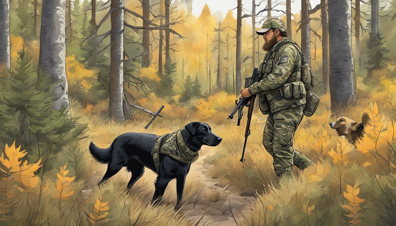 A hunter in camouflage with a rifle and hunting dog in a Montana forest, tracking wild hogs