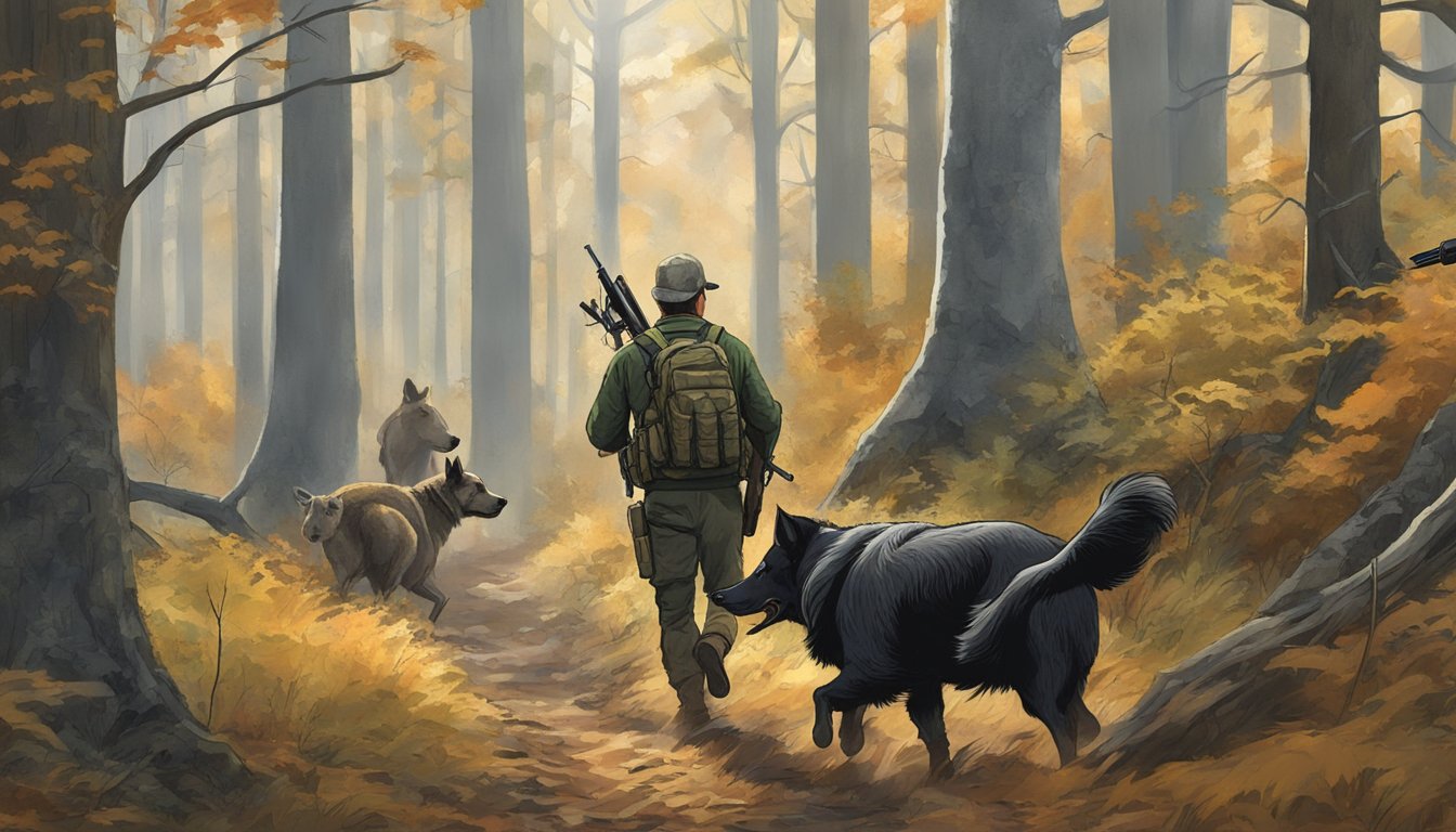 A hunter with a rifle and hunting dogs tracking a wild hog through a dense forest in Rhode Island