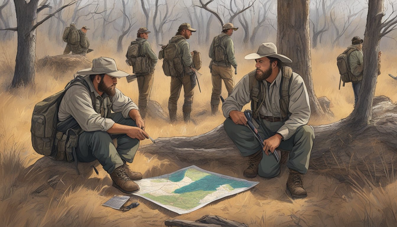 A group of hunters gather gear and maps, discussing strategy for hog hunting in the Oklahoma wilderness