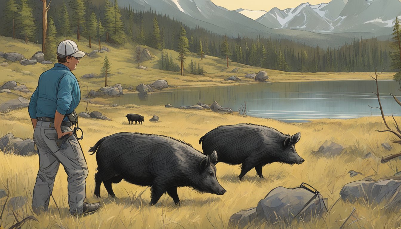 A group of scientists observe wild hogs in the Montana wilderness, conducting research on their behavior and habitat