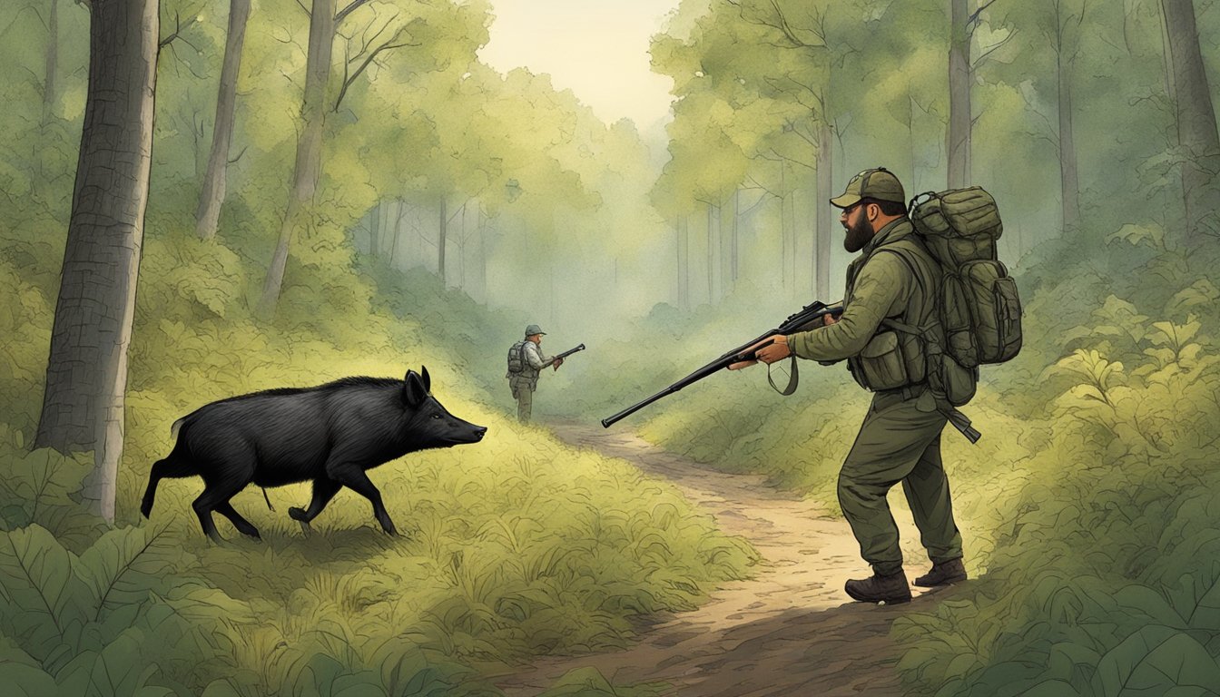 A hunter tracking a wild hog through the dense forests of Rhode Island, with a focus on conservation and sustainable management practices