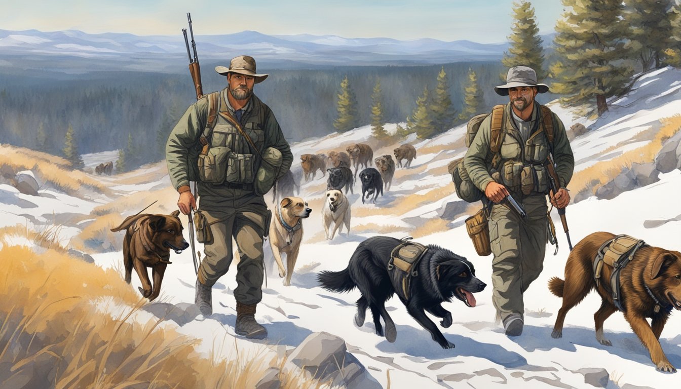 A group of hunters and their dogs tracking wild hogs in the rugged terrain of Montana