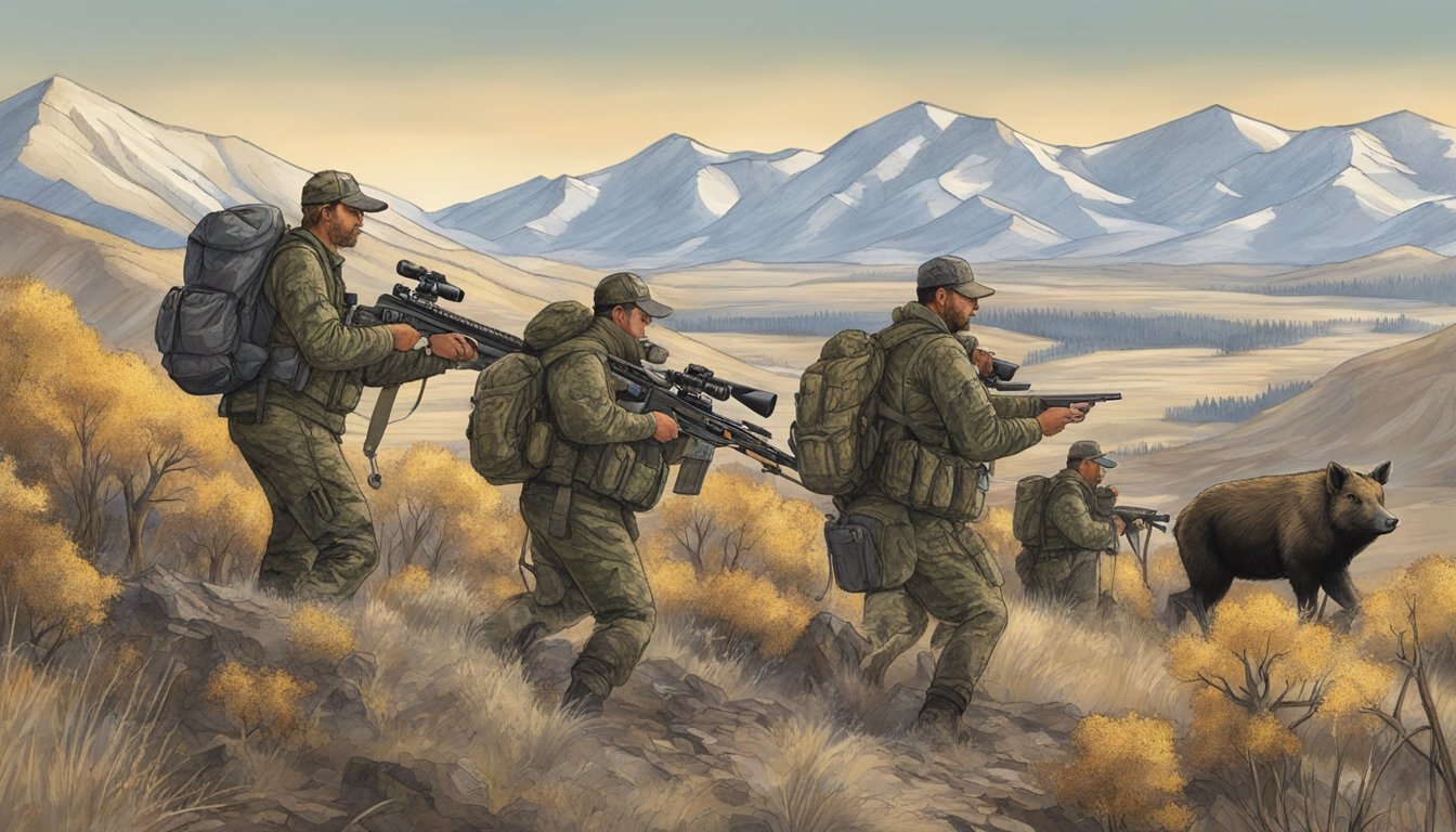 A group of hunters in camouflage gear tracking and capturing wild hogs in the rugged terrain of Montana using various control and eradication strategies