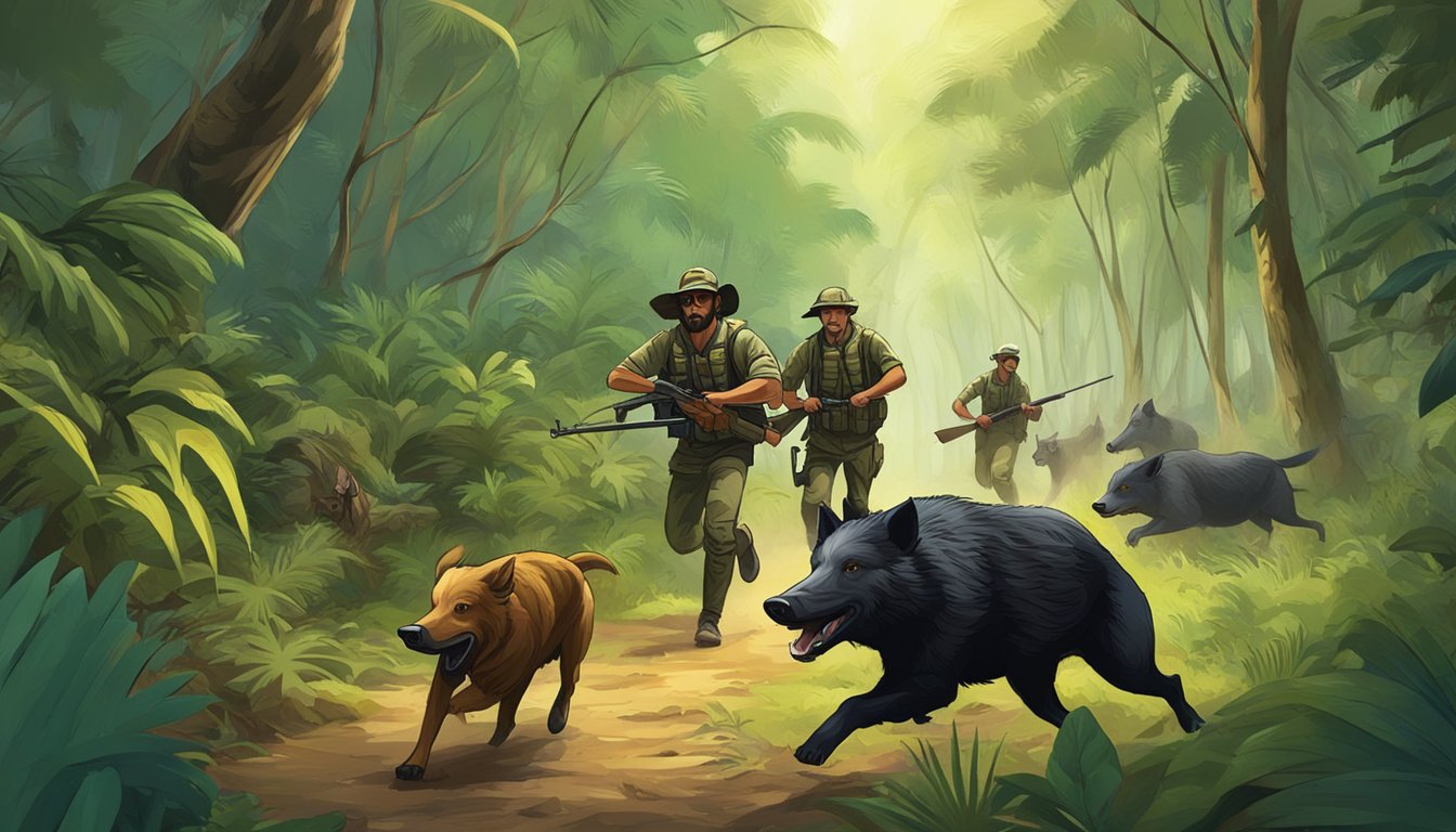 A group of hunters with dogs chasing a wild boar through the dense tropical forest of Puerto Rico