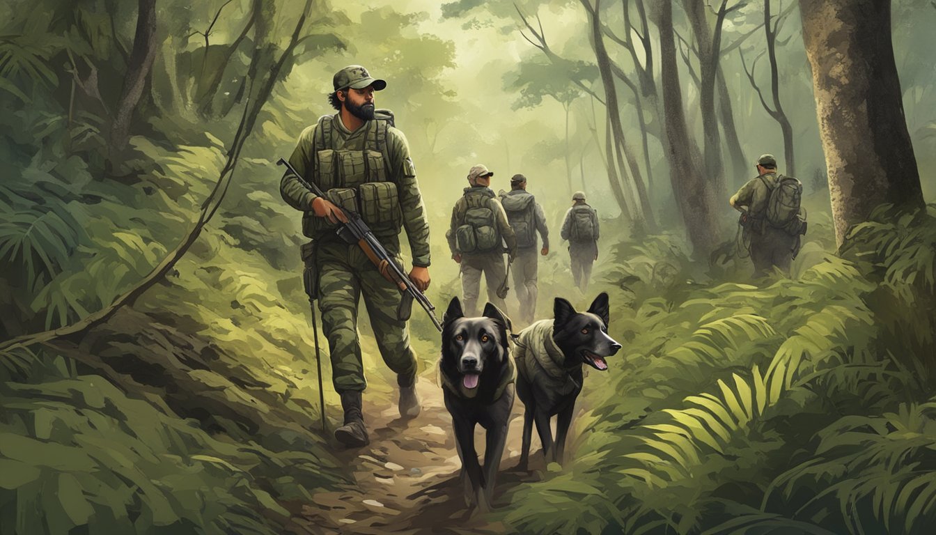 A group of hunters in camouflage gear navigating through dense forest with hunting dogs in search of wild hogs in Puerto Rico