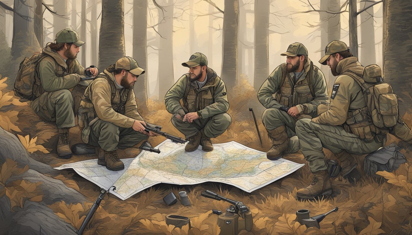 A group of hunters in camouflage gear gather around a map, planning their hog hunting trip in the Tennessee wilderness. Guns and gear are strewn about as they discuss their strategy