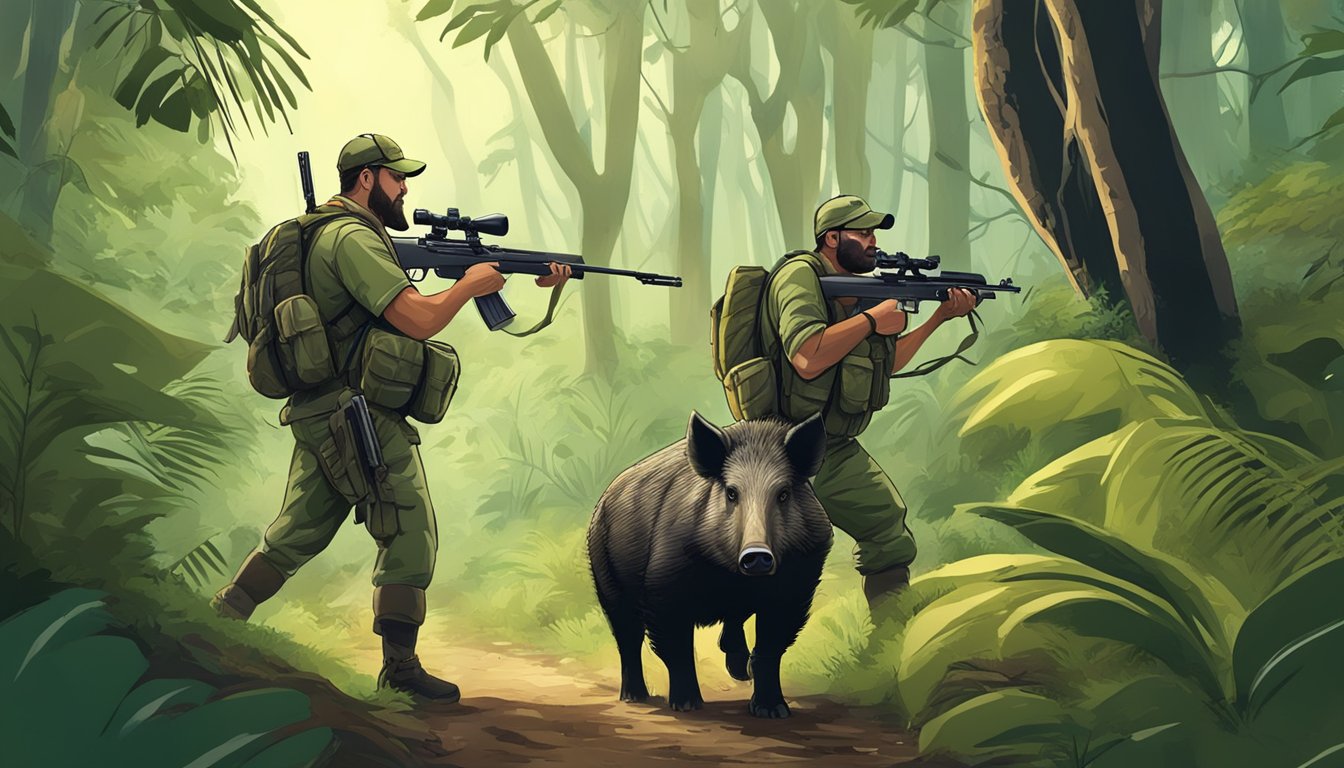 A hunter with a rifle and camouflage gear stalking a wild boar in the dense forests of Puerto Rico