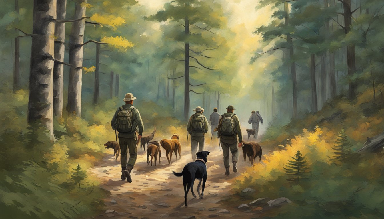 A group of hunters and dogs trek through the dense New Hampshire forest, following the tracks of a wild hog. The trees loom overhead as the hunters navigate through the rugged terrain