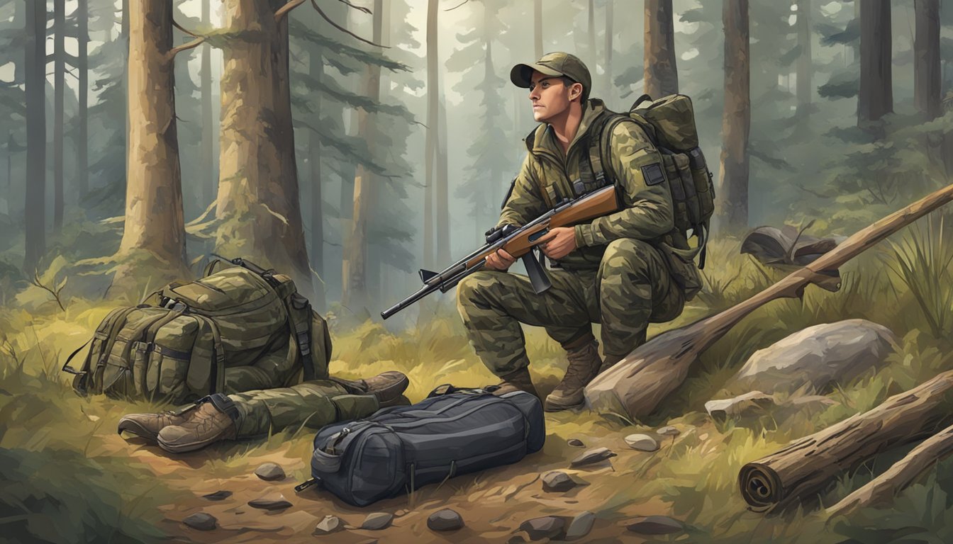 A hunter in camouflage gear holds a rifle, while a pack and other hunting equipment lay on the ground in a wooded area