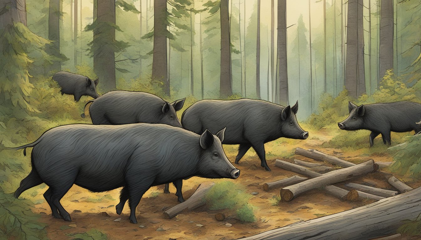 A group of feral swine foraging in a dense New Hampshire forest, with a mix of trees, underbrush, and fallen logs