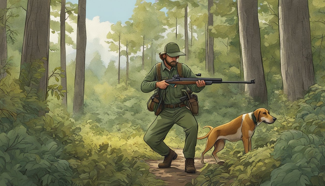 A hound sniffs the forest floor as a hunter stands with a rifle, surrounded by trees and bushes in the Tennessee wilderness