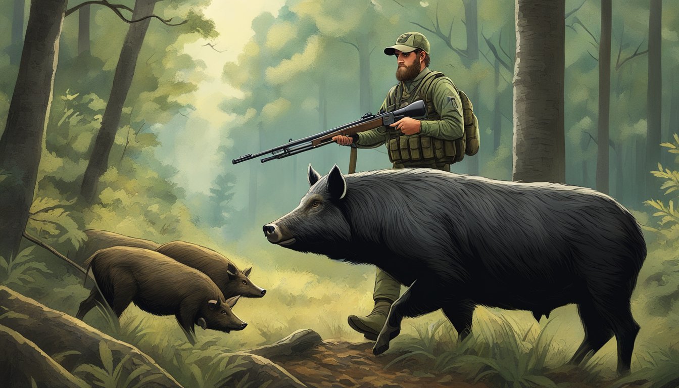 A hunter with a rifle tracking wild hogs through the dense forests of the Cumberland Plateau in Tennessee