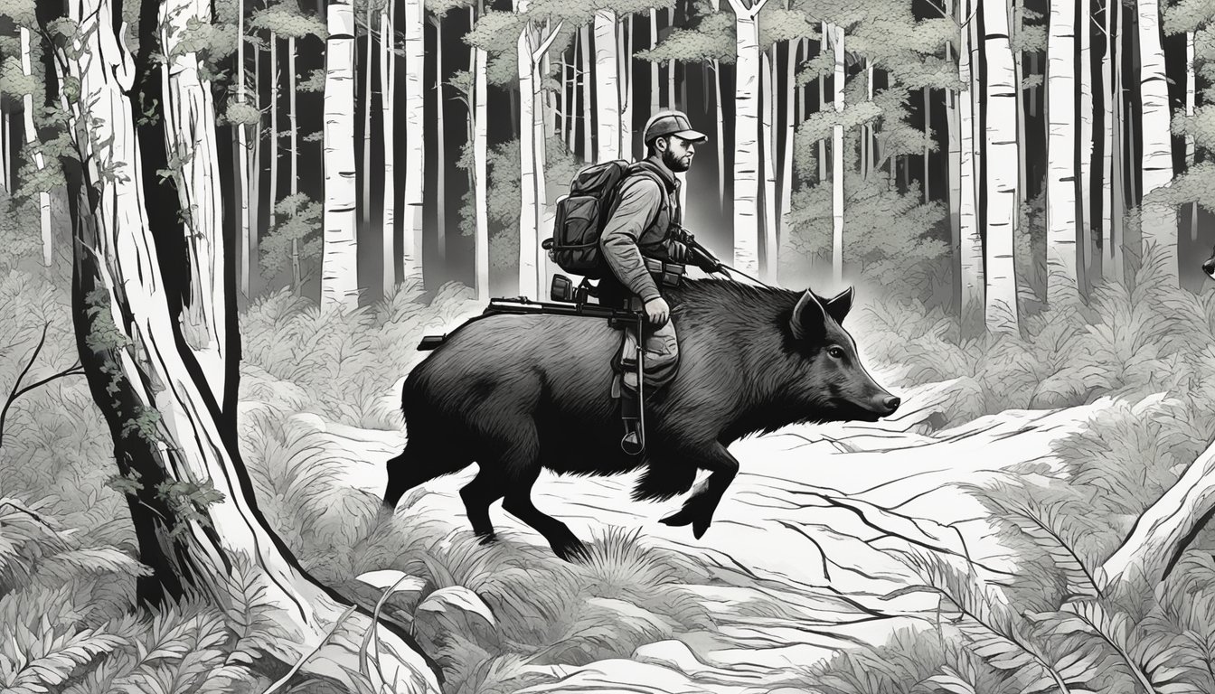 A hunter tracking wild hogs through the dense forest of New Hampshire, surrounded by tall trees and thick underbrush