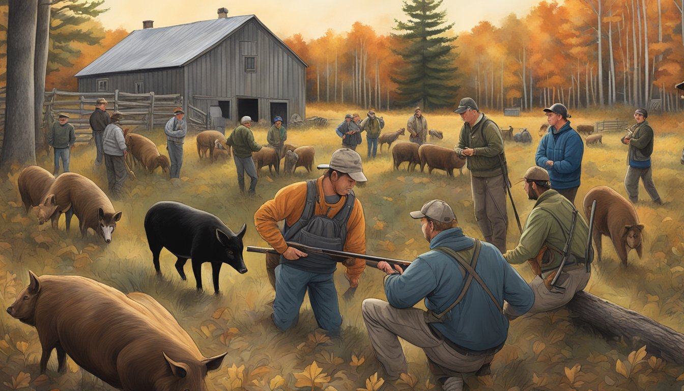 A group of people gather in a rural New Hampshire setting, working together to support and engage in hog hunting activities