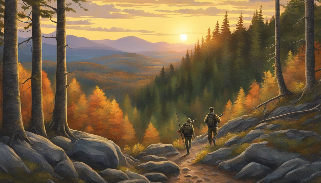 A hunter tracking hogs through dense Vermont forest, rifle at the ready, as the sun sets behind the mountains