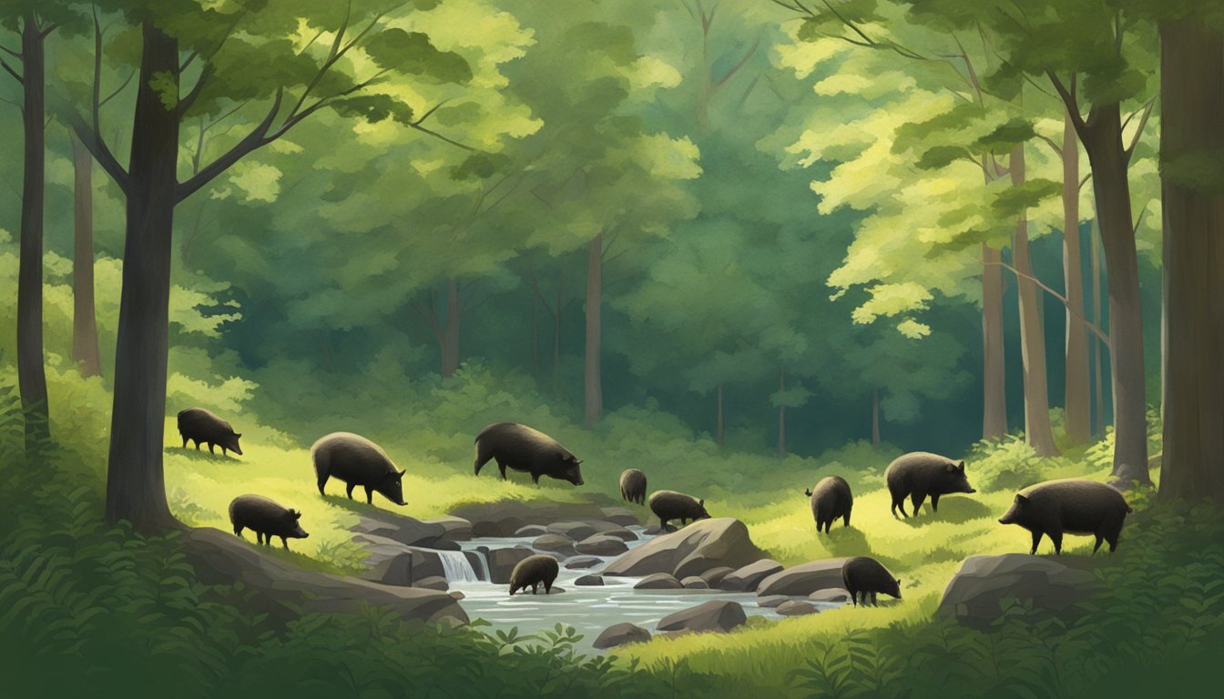 A dense forest in Vermont with a small clearing, surrounded by thick vegetation and a stream. A group of hogs forages for food under the shade of the trees