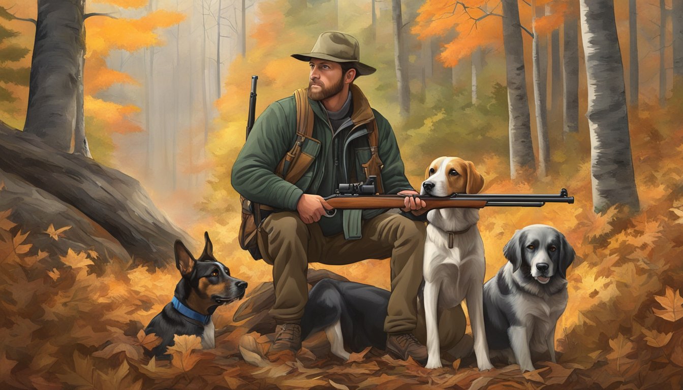 A hunter loads a rifle while two hunting dogs eagerly wait, surrounded by dense forest and fallen leaves in the Vermont wilderness