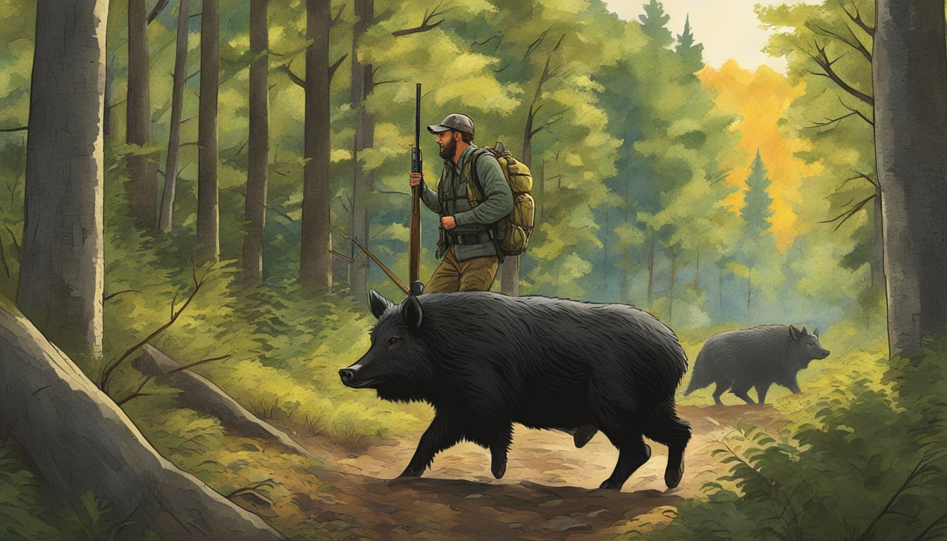 A hunter tracking wild hogs in a Vermont forest, surrounded by dense trees and underbrush