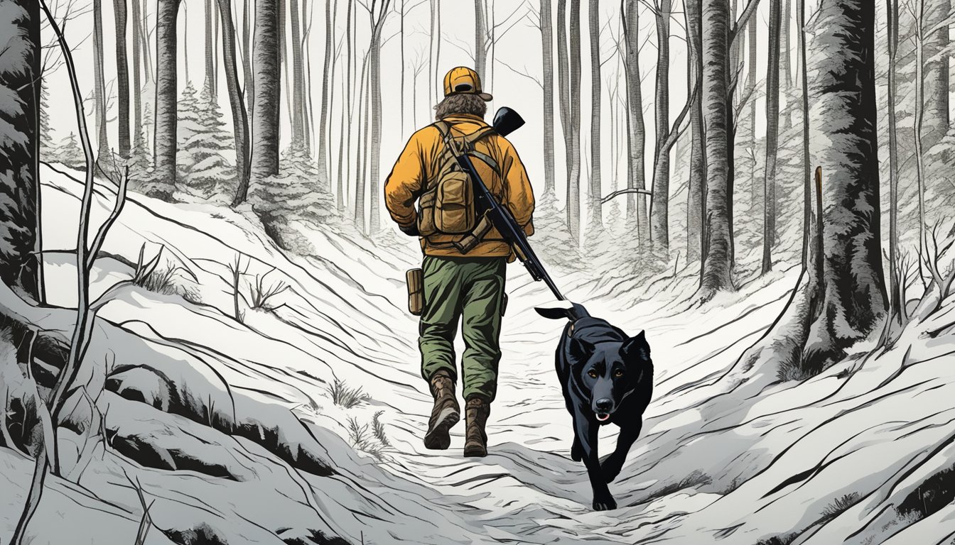 A hunter with a rifle and hunting dog tracking a wild hog through a dense forest in Vermont