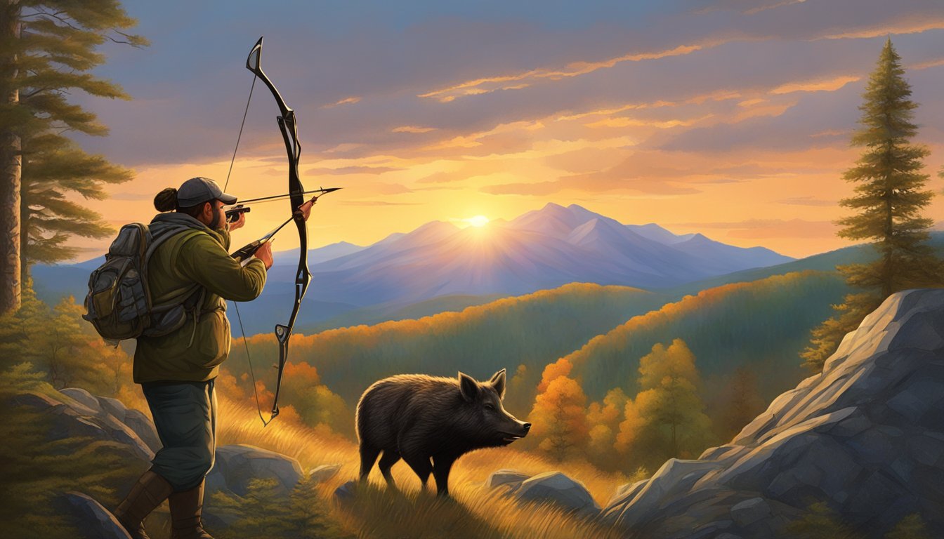 A hunter in Vermont's lush forest, aiming at a wild hog with a bow and arrow. The sun sets behind the mountains, casting a warm glow over the scene