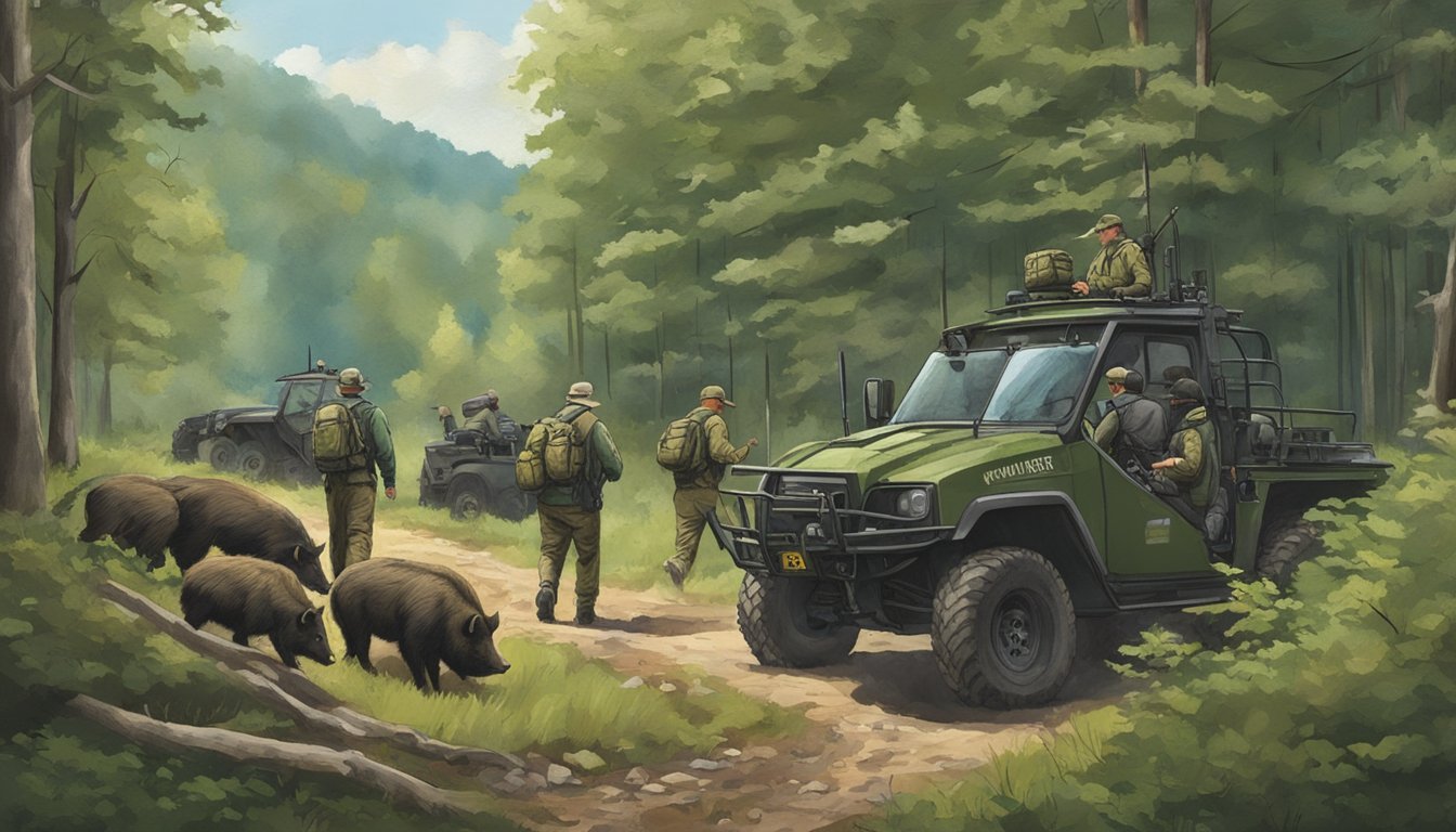 A group of hunters tracking wild hogs in the dense Ohio forest, with wildlife management equipment and health concerns in mind