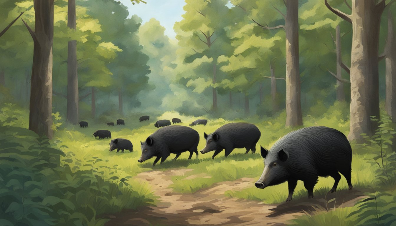 A dense Ohio forest with a clearing, where a group of wild hogs are foraging for food among the underbrush