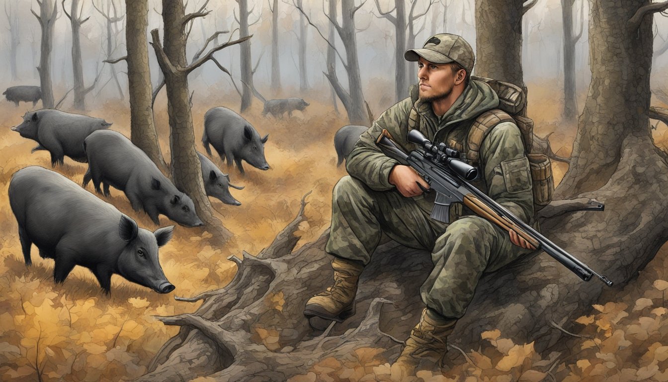 A hunter in camouflage waits in a tree stand, crossbow at the ready as a group of hogs forages below