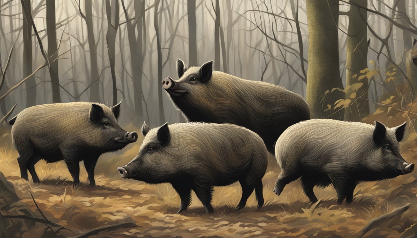 A group of hogs roam through dense Ohio woodland, their distinct features and markings making them easily identifiable for hog hunters