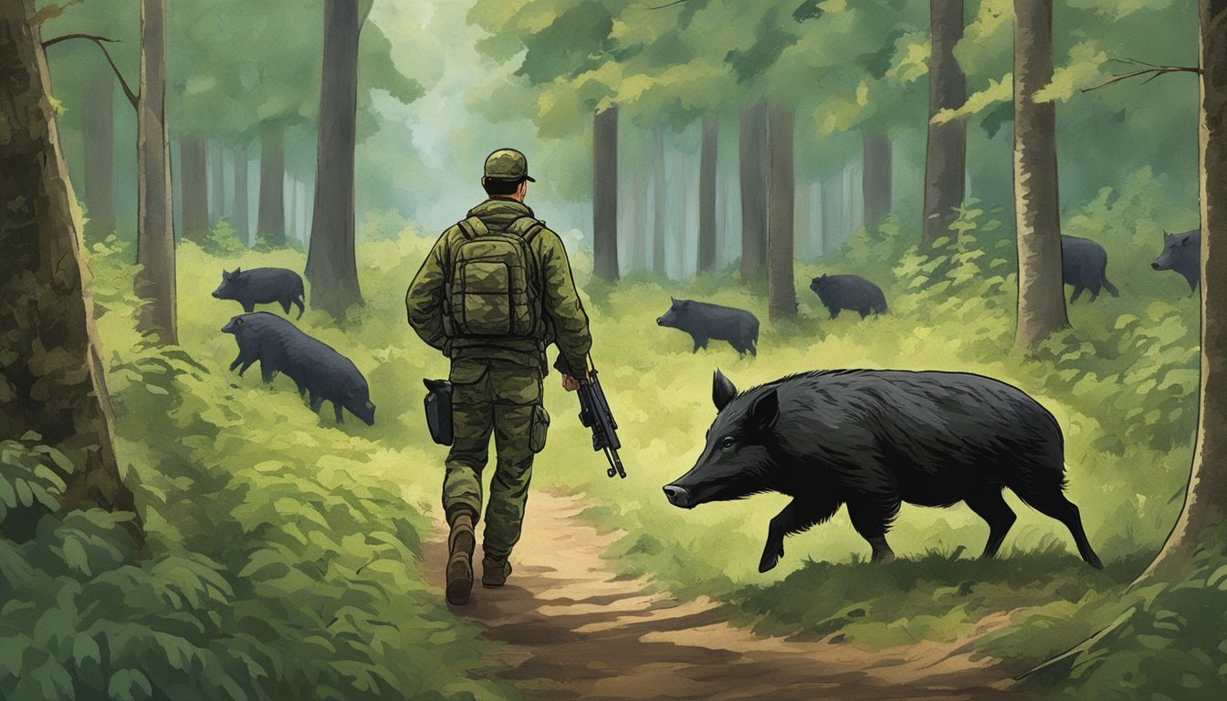 A hunter in camouflage cautiously approaches a group of wild hogs in a lush Ohio forest, with a focus on ethical and conservation practices