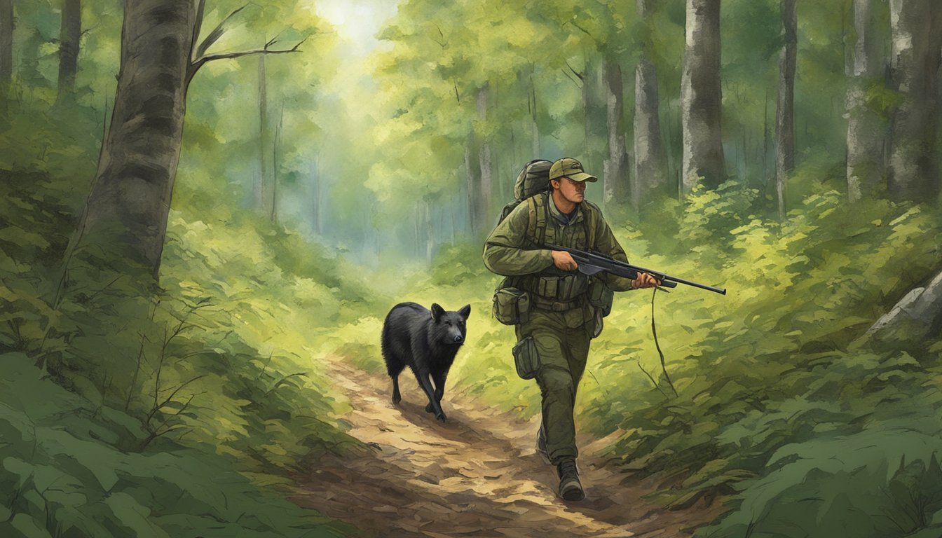 A hunter stalking through the dense West Virginia forest, armed with a rifle and carefully scanning the underbrush for signs of wild hogs