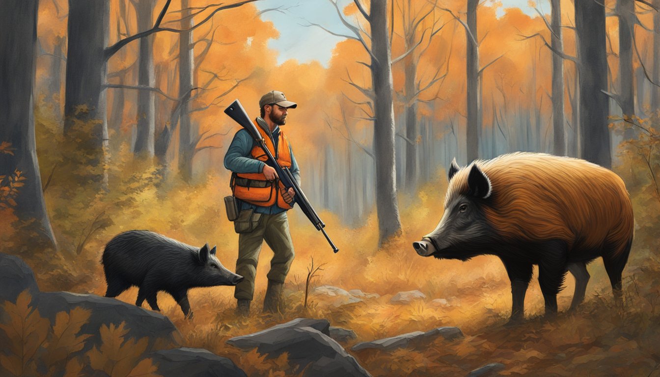 A hunter in orange vest aims rifle at a wild hog in dense West Virginia forest