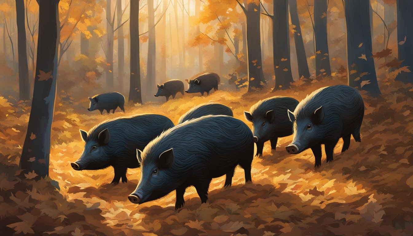 A group of hogs gathered in a dense Ohio forest, surrounded by fallen leaves and thick underbrush. The sun sets in the background, casting long shadows across the scene