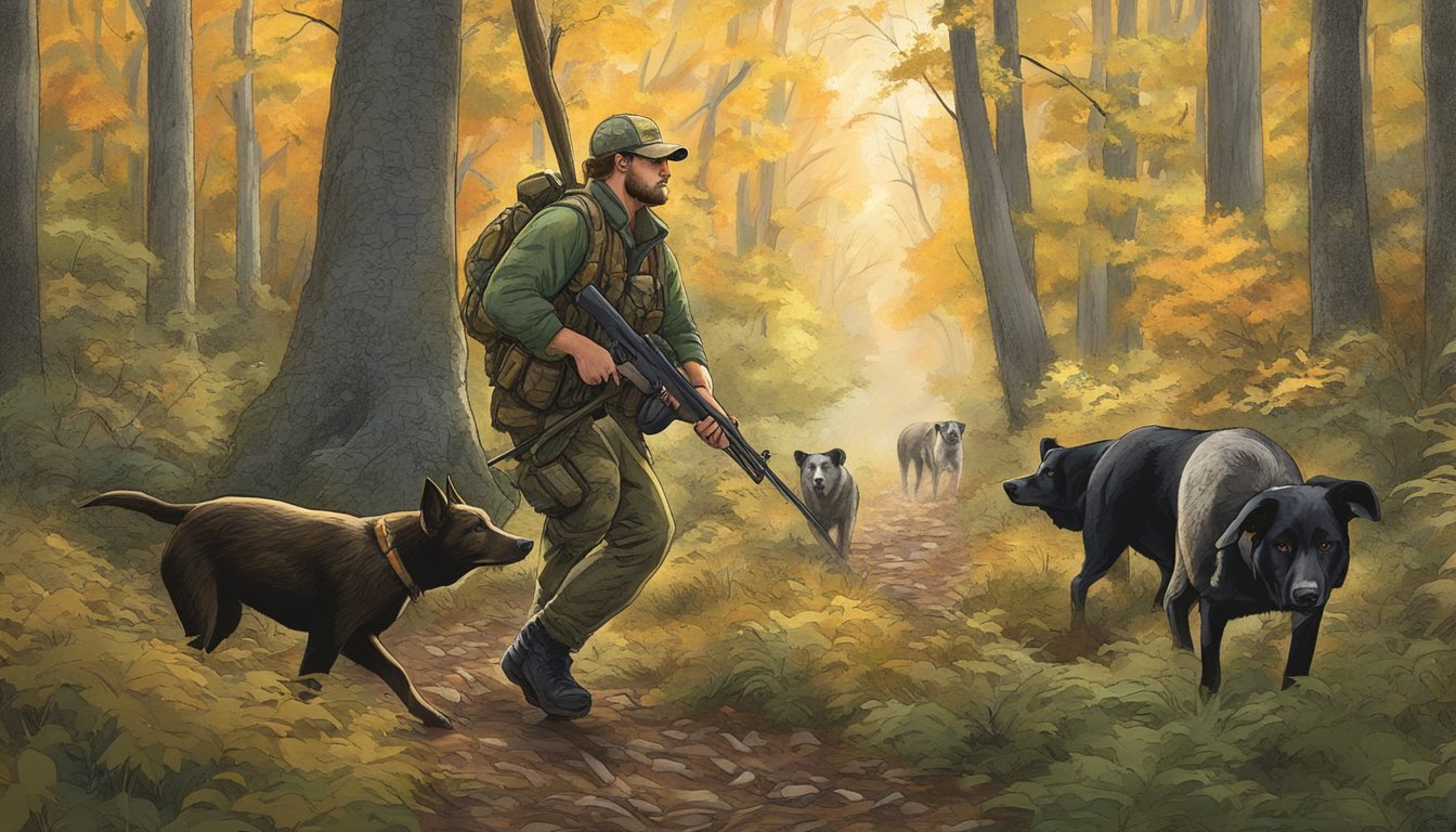 A hunter with a rifle and hunting dogs tracking a wild hog through the dense forest of West Virginia