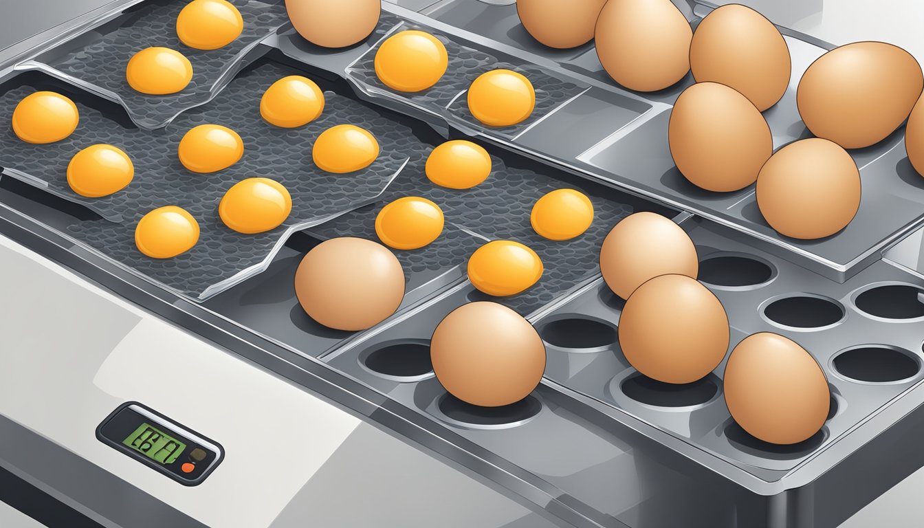 Eggs being placed on dehydrator trays, with temperature and time settings being adjusted for safe and efficient dehydration