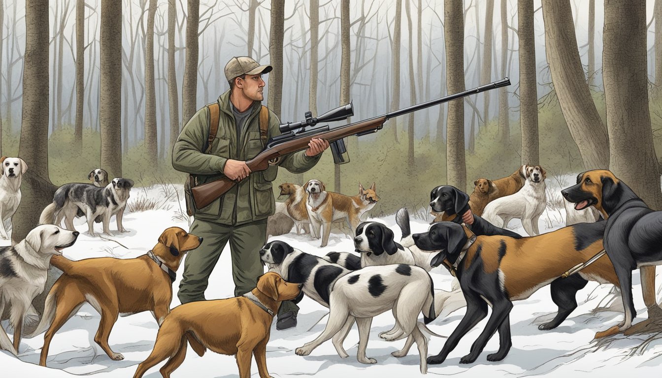 A hunter loading a rifle in a forest clearing with hunting dogs eagerly awaiting the upcoming hog hunting trip in Pennsylvania