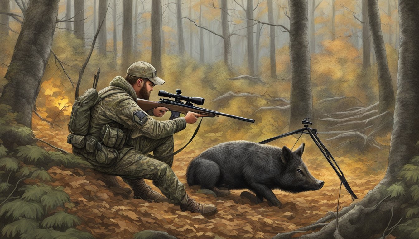 A hunter in camouflage waits in a tree stand, crossbow at the ready, as a wild boar approaches a bait pile in the Pennsylvania forest