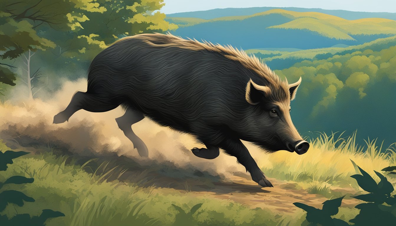 A wild boar charging through dense Pennsylvania forest, with a backdrop of rolling hills and a clear blue sky